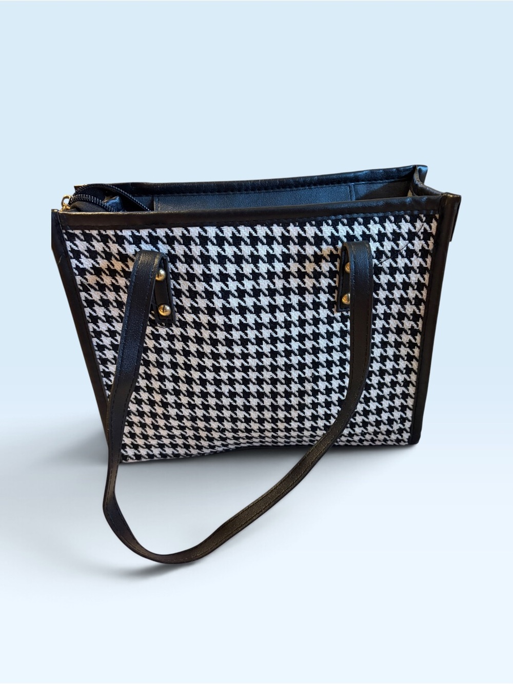 Classic Blue & White Houndstooth Tote Bag with Black Trim
